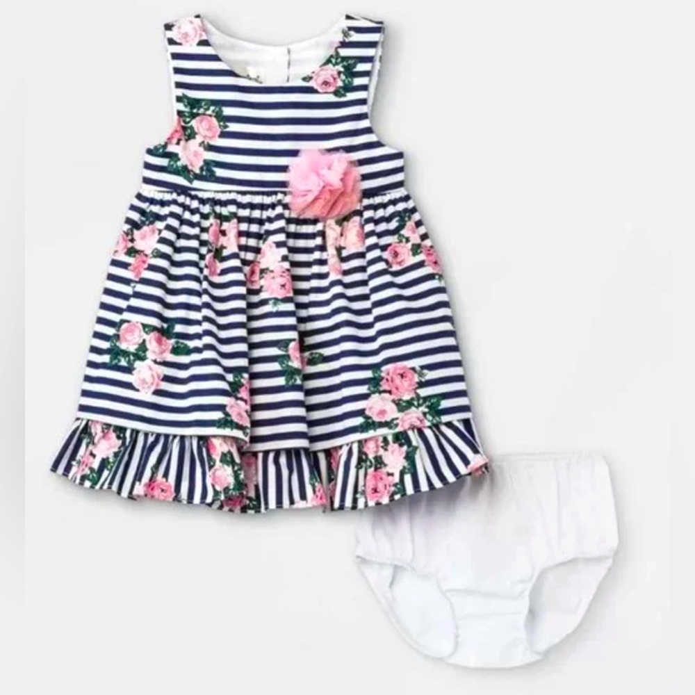 Baby Girls 12M Dress Floral Striped by Mia & Mimi Navy NEW